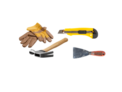 Matériel pour retirer le gazon synthétique ( cutter, marteau, spatule, gant de protection)  